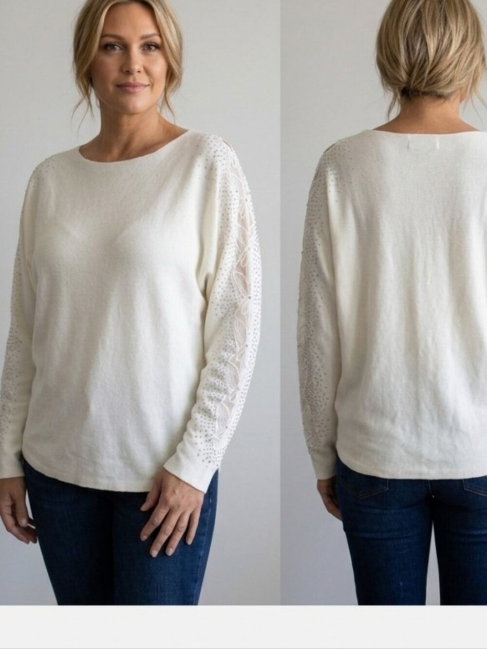 Liv Milano- Cream Lace Sleeve Sweater